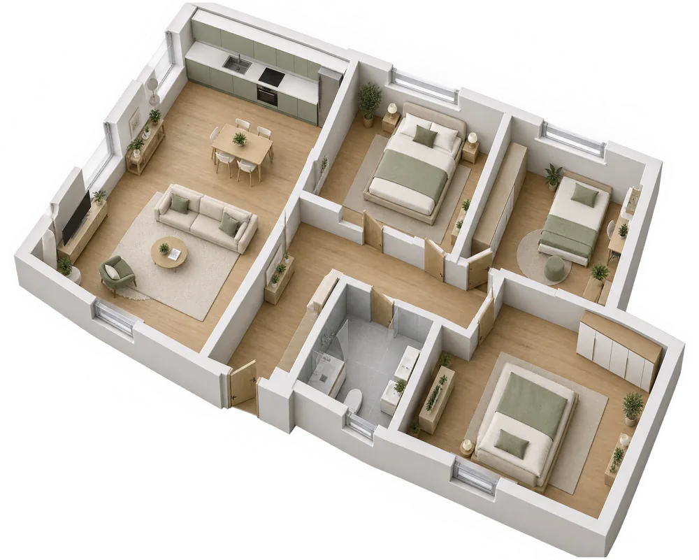 3D model bytu: dřevěná podlaha v obýváku, ložnicích i předsíni