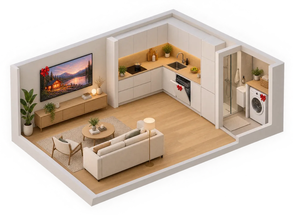 3D model nového bytu: televize v obýváku, myčka v kuchyni a pračka v koupelně, každá s červenou mašlí